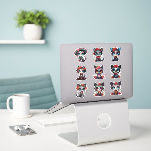 Dia de Los Muertos Cat Stickers - Set of 9 シール (デスク上のノートパソコン)