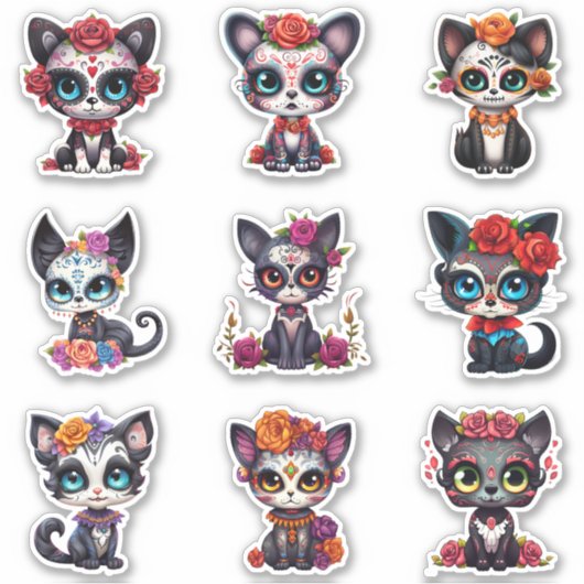 Dia de Los Muertos Cat Stickers - Set of 9 シール (正面)