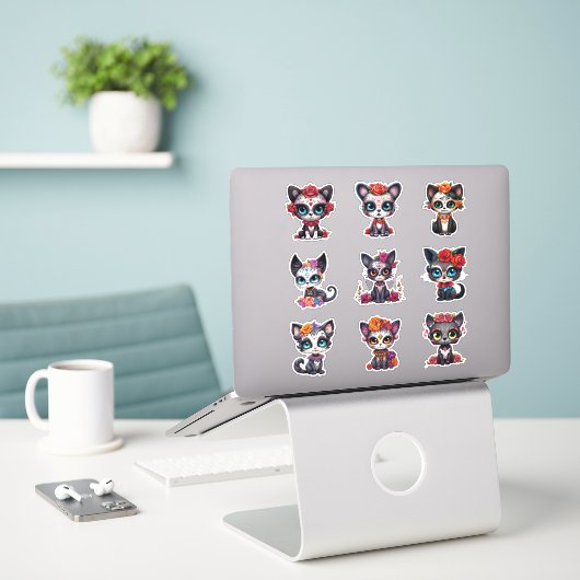 Dia de Los Muertos Cat Stickers - Set of 9 シール (デスク上のノートパソコン)