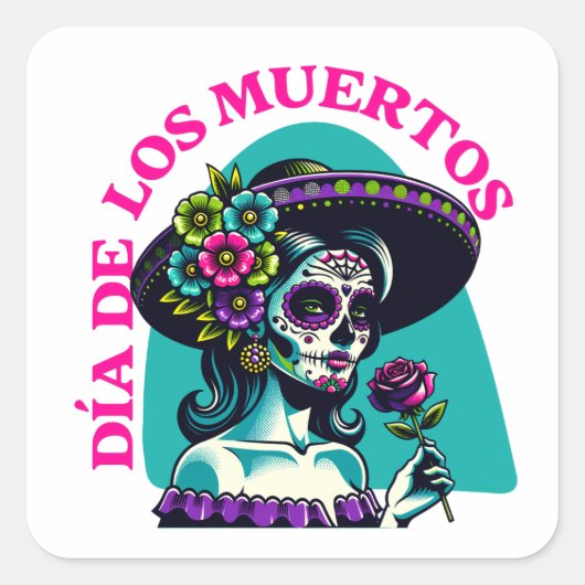 Día de los Muertos Catrina Rose Pop Art スクエアシール (正面)