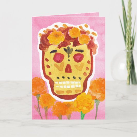 Dia de los Muertos Day of the Dead Skull Marigolds カード (正面)