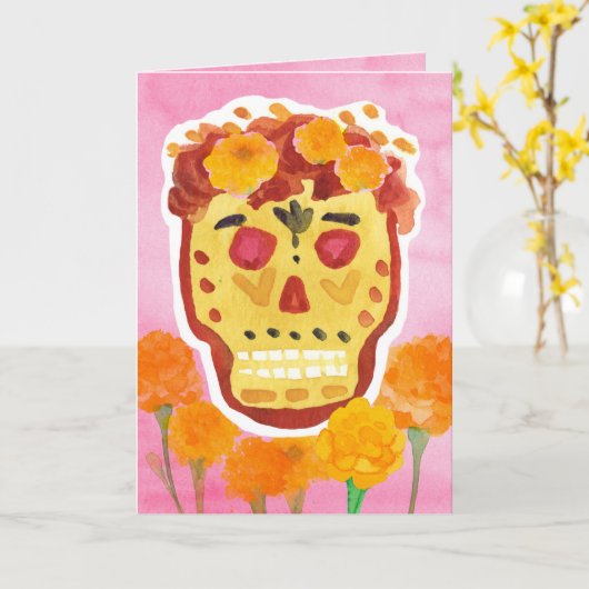 Dia de los Muertos Day of the Dead Skull Marigolds カード (黄色い花)