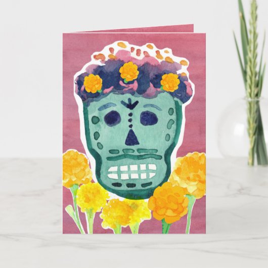 Dia de los Muertos Day of the Dead Skull Marigolds カード (正面)