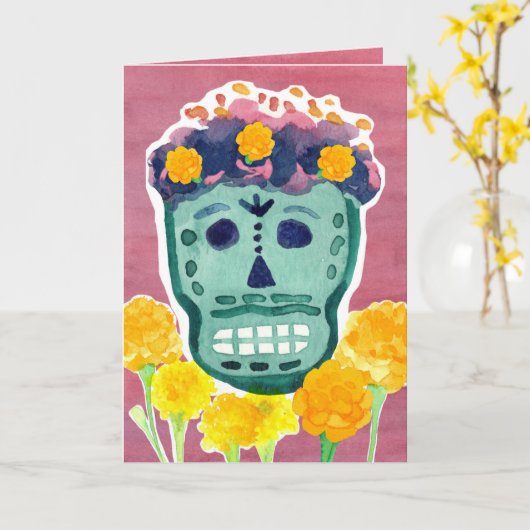 Dia de los Muertos Day of the Dead Skull Marigolds カード (黄色い花)