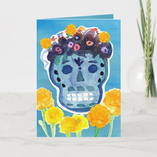Dia de los Muertos Day of the Dead Skull Marigolds カード (正面)
