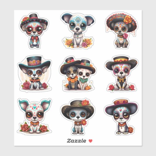 Dia de Los Muertos Dog Stickers - Set of 9 シール (シート)
