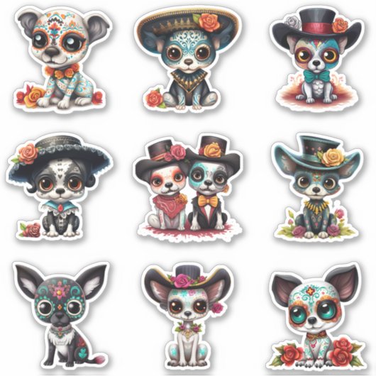 Dia de Los Muertos Dog Stickers - Set of 9 シール (正面)