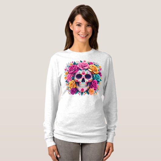 Día de los Muertos Floral Sugar Skull Art Tシャツ (正面フル)