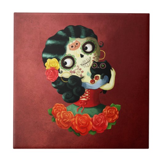 Dia de Los Muertos Lovelyののメキシコ人のCatrinaの女の子 タイル (正面)