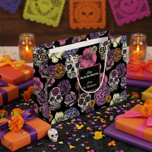 Dia de los Muertos Mexican砂糖スカル&花 ラージペーパーバッグ