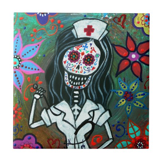 Dia de los Muertos Nurse RNの絵画 タイル (正面)