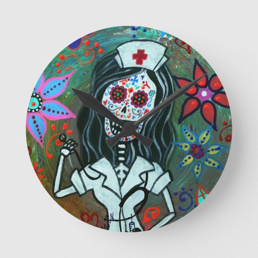 Dia de los Muertos Nurse RNの絵画 ラウンド壁時計 (正面)