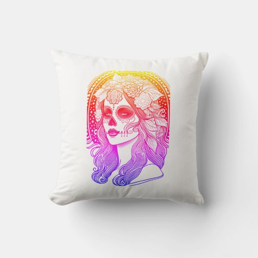 Día De Los Muertos, regenbogenfarben クッション (正面)