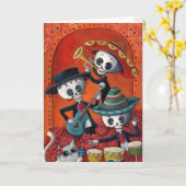 Dia de Los Muertos Skeletonのマリアッチのトリオ カード (黄色い花)