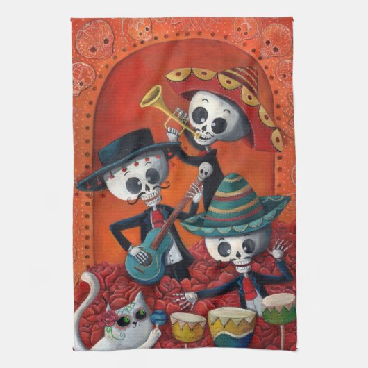 Dia de Los Muertos Skeletonのマリアッチのトリオ キッチンタオル (縦)