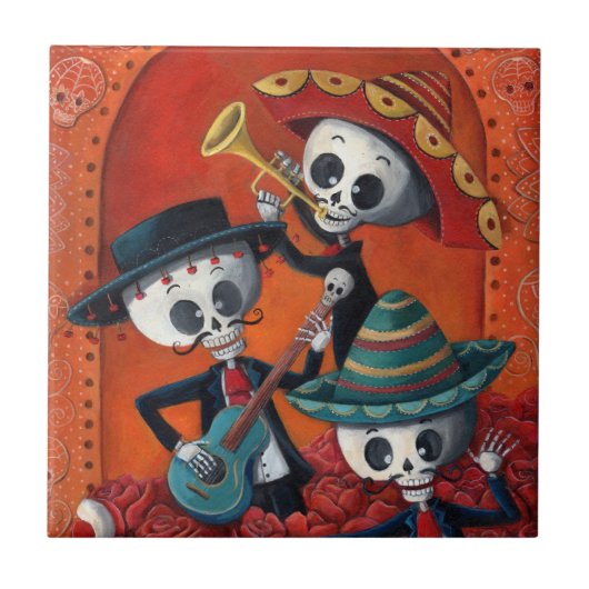 Dia de Los Muertos Skeletonのマリアッチのトリオ タイル (正面)