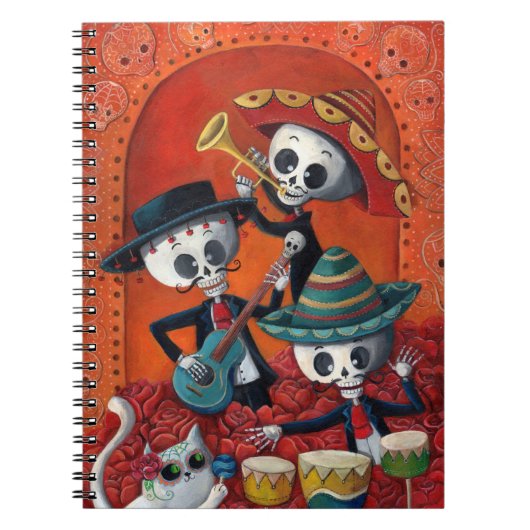 Dia de Los Muertos Skeletonのマリアッチのトリオ ノートブック (正面)