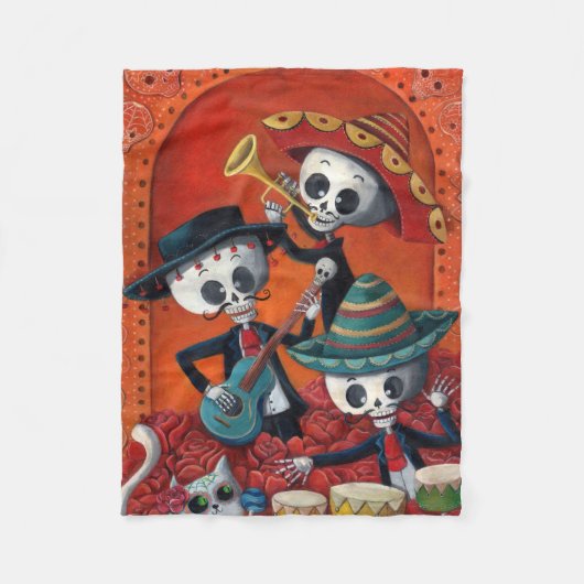 Dia de Los Muertos Skeletonのマリアッチのトリオ フリースブランケット (正面)
