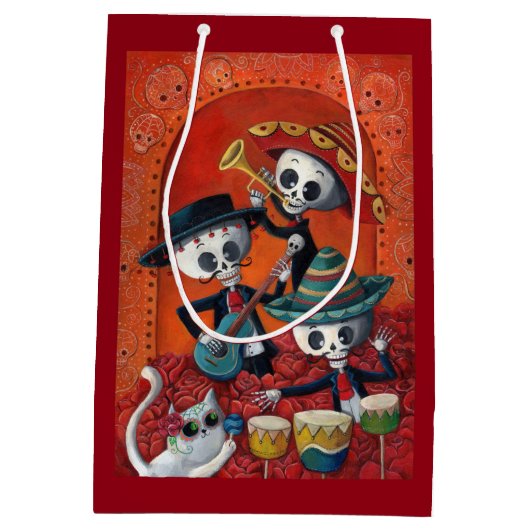 Dia de Los Muertos Skeletonのマリアッチのトリオ ミディアムペーパーバッグ (裏面)