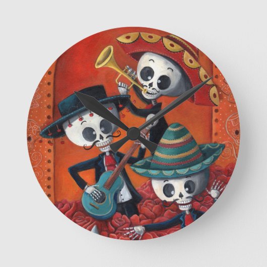 Dia de Los Muertos Skeletonのマリアッチのトリオ ラウンド壁時計 (正面)