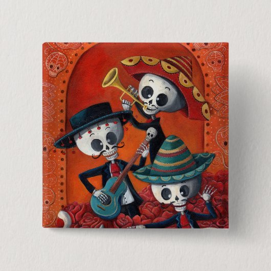 Dia de Los Muertos Skeletonのマリアッチのトリオ 缶バッジ (正面)