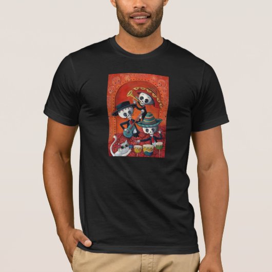 Dia de Los Muertos Skeletonのマリアッチのトリオ Tシャツ (正面)