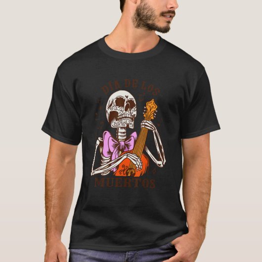 Dia De Los Muertos Skeleton Colourful Bow Music Gu Tシャツ (正面)