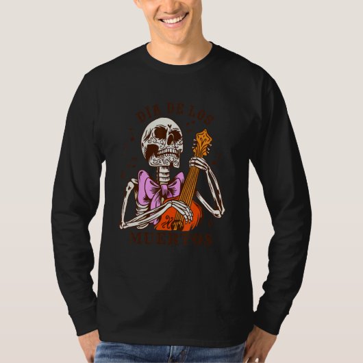 Dia De Los Muertos Skeleton Colourful Bow Music Gu Tシャツ (正面)