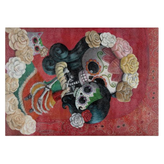 Dia de Los Muertos Skeletonsの母および娘 カッティングボード (正面)