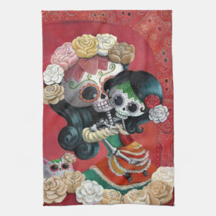 Dia de Los Muertos Skeletonsの母および娘 キッチンタオル
