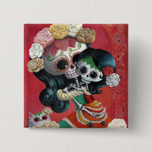 Dia de Los Muertos Skeletonsの母および娘 缶バッジ