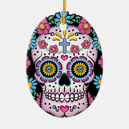 Dia de los Muertos Skull セラミックオーナメント (正面)