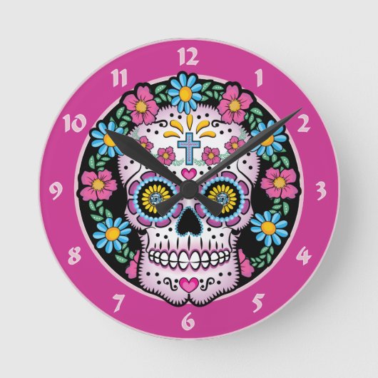 Dia de los Muertos Skull ラウンド壁時計 (正面)
