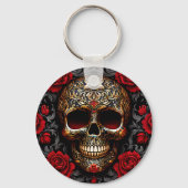 Dia de los Muertos Skull with Red Roses キーホルダー (正面)