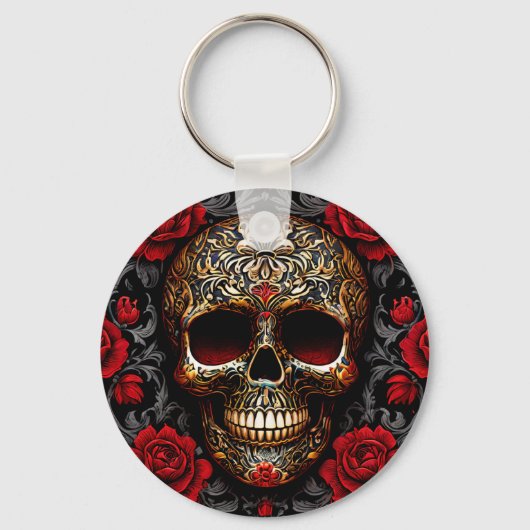 Dia de los Muertos Skull with Red Roses キーホルダー (正面)