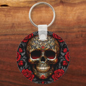 Dia de los Muertos Skull with Red Roses キーホルダー (裏面)