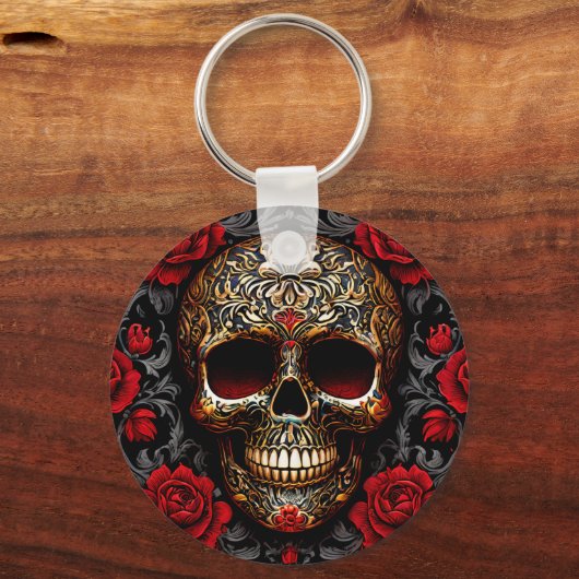 Dia de los Muertos Skull with Red Roses キーホルダー (裏面)