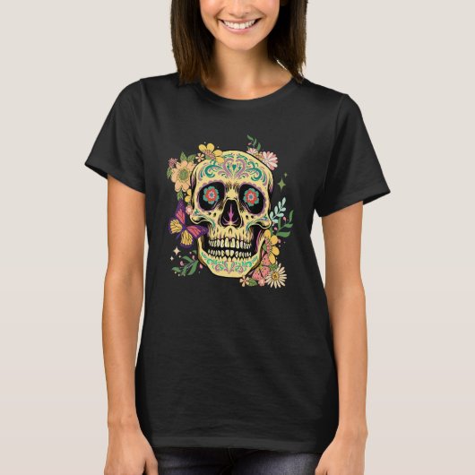 Dia De Los Muertos Sugar Skull Flower Day Of The D Tシャツ (正面)