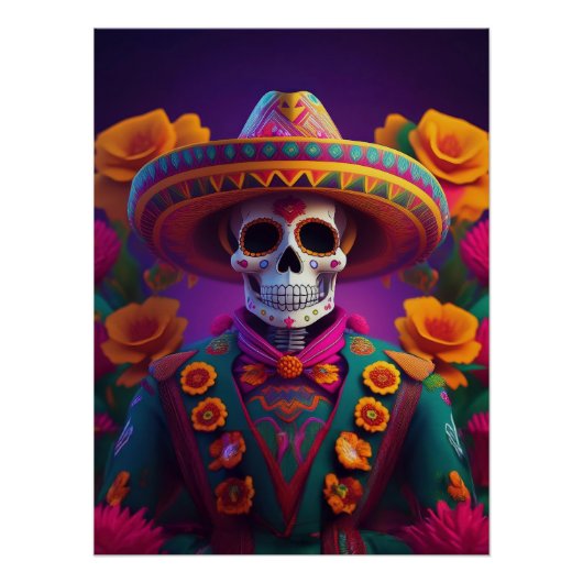 Día de los Muertos: Vibrant Sugar Skull Mariachi ポスター (正面)