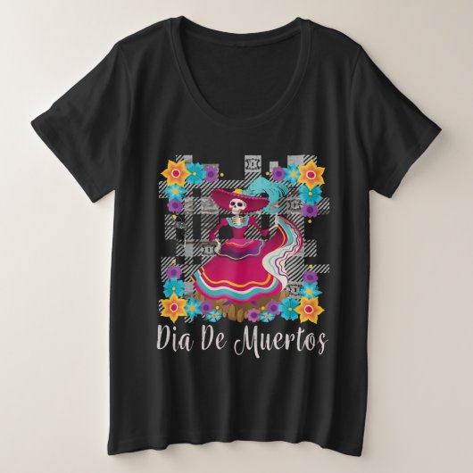 Dia de Muertos (死者の日)の女性 プラスサイズTシャツ (デザイン正面)