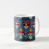 Dia de Muertos、青い砂糖のスカルパターン コーヒーマグカップ (正面右)