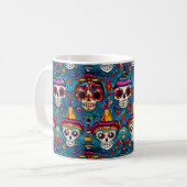Dia de Muertos、青い砂糖のスカルパターン コーヒーマグカップ (正面左)