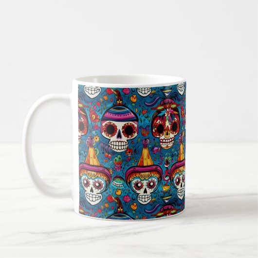 Dia de Muertos、青い砂糖のスカルパターン コーヒーマグカップ (左)