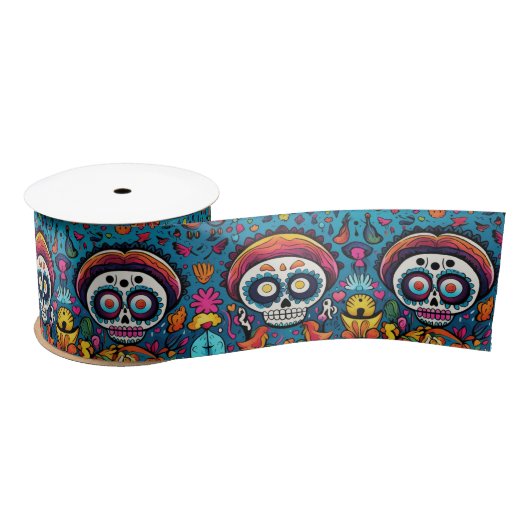 Dia de Muertos、青い砂糖のスカルパターン サテンリボン (リール)