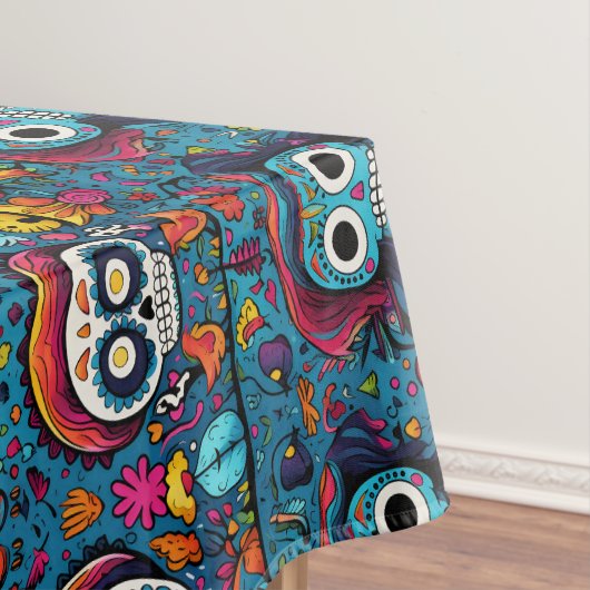 Dia de Muertos、青い砂糖のスカルパターン テーブルクロス (インサイチュ)