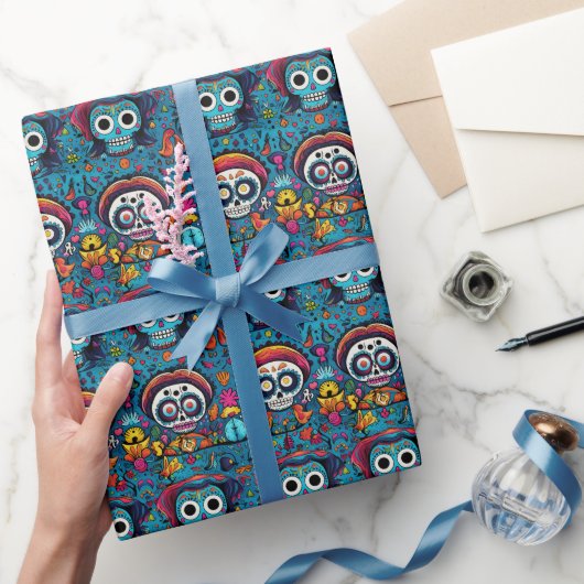Dia de Muertos、青い砂糖のスカルパターン ラッピングペーパー (ギフト)