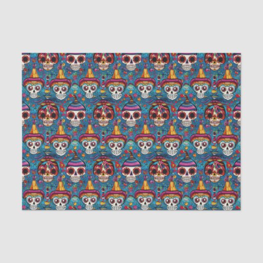 Dia de Muertos、青い砂糖のスカルパターン 薄葉紙 (正面)