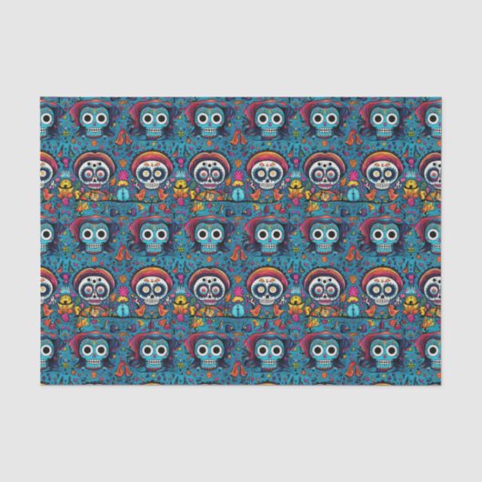 Dia de Muertos、青い砂糖のスカルパターン 薄葉紙 (正面)