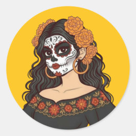 Día de Muertos Day of the Dead Catrina Marigolds ラウンドシール