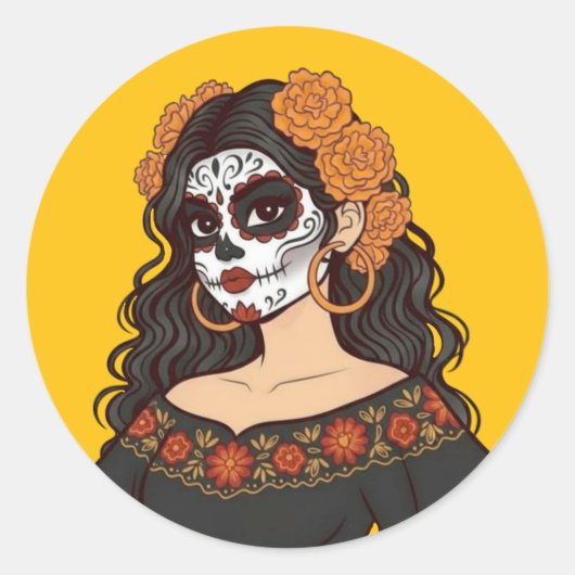 Día de Muertos Day of the Dead Catrina Marigolds ラウンドシール (正面)